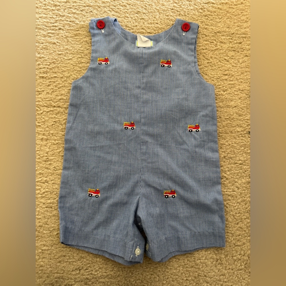 Blue Toddler Romper with Fire Truck Embroidery